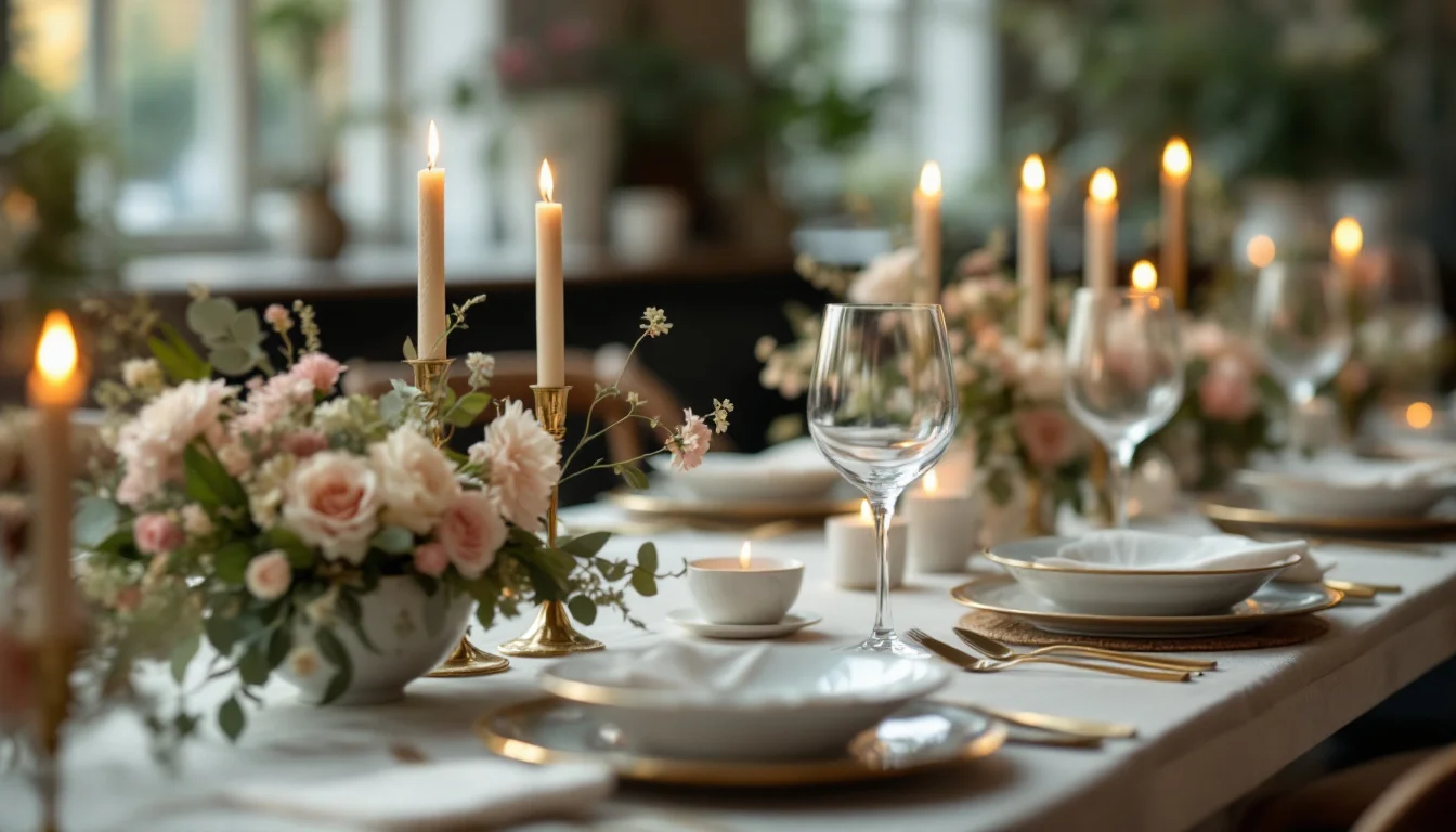 Engagement Party Ideas UK — A private dining room in London set for an engagement party, with candles, flora