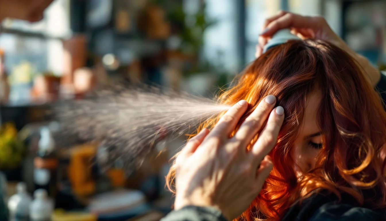 How To Look After Colour-treated Hair — A UK salon stylist spritzing UV protection spray onto a client's freshly dyed ha