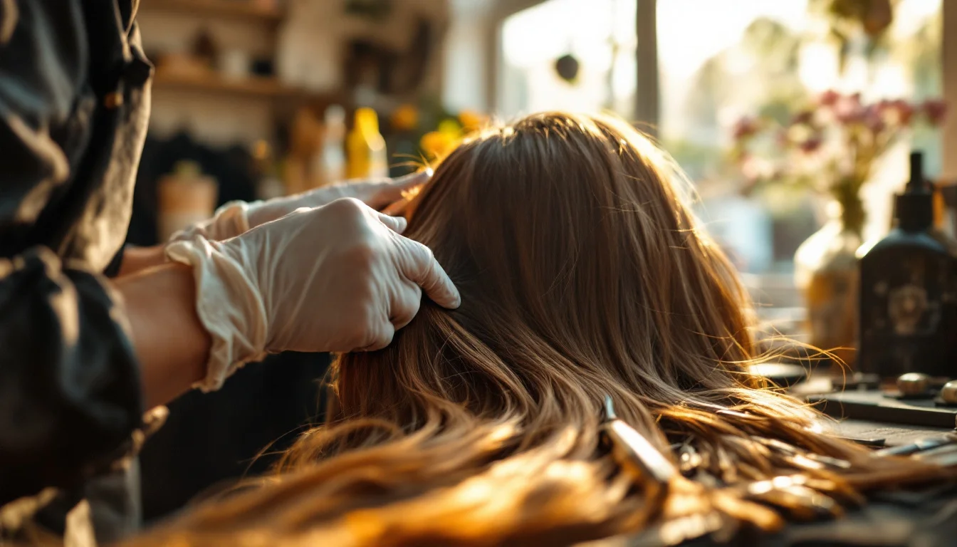 Mobile Hairdresser Vs Salon UK — A close-up of a stylist applying highlights in a bustling UK salon, with profess