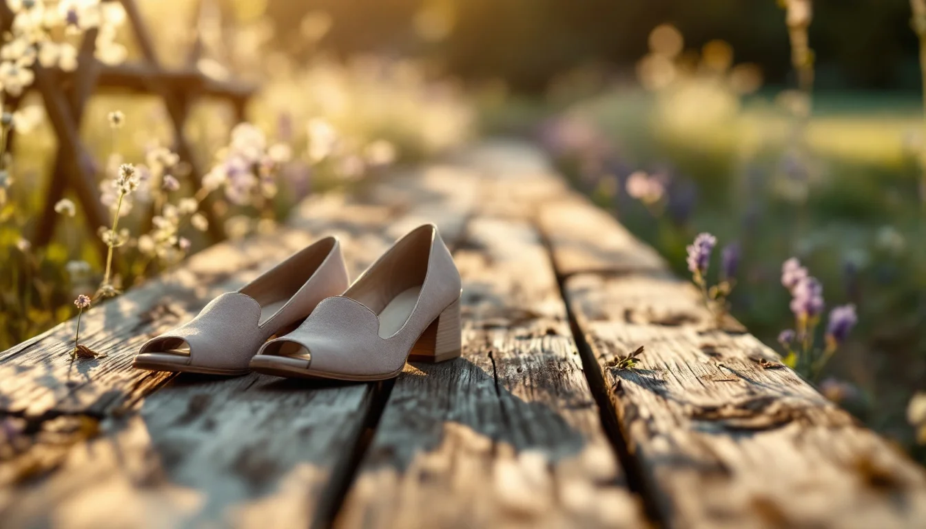 What To Wear To A Summer Wedding UK — A pair of block-heeled sandals and smart loafers placed on grass beside rustic w What To Wear To A Summer Wedding UK — A pair of block-heeled sandals and smart loafers placed on grass beside rustic w